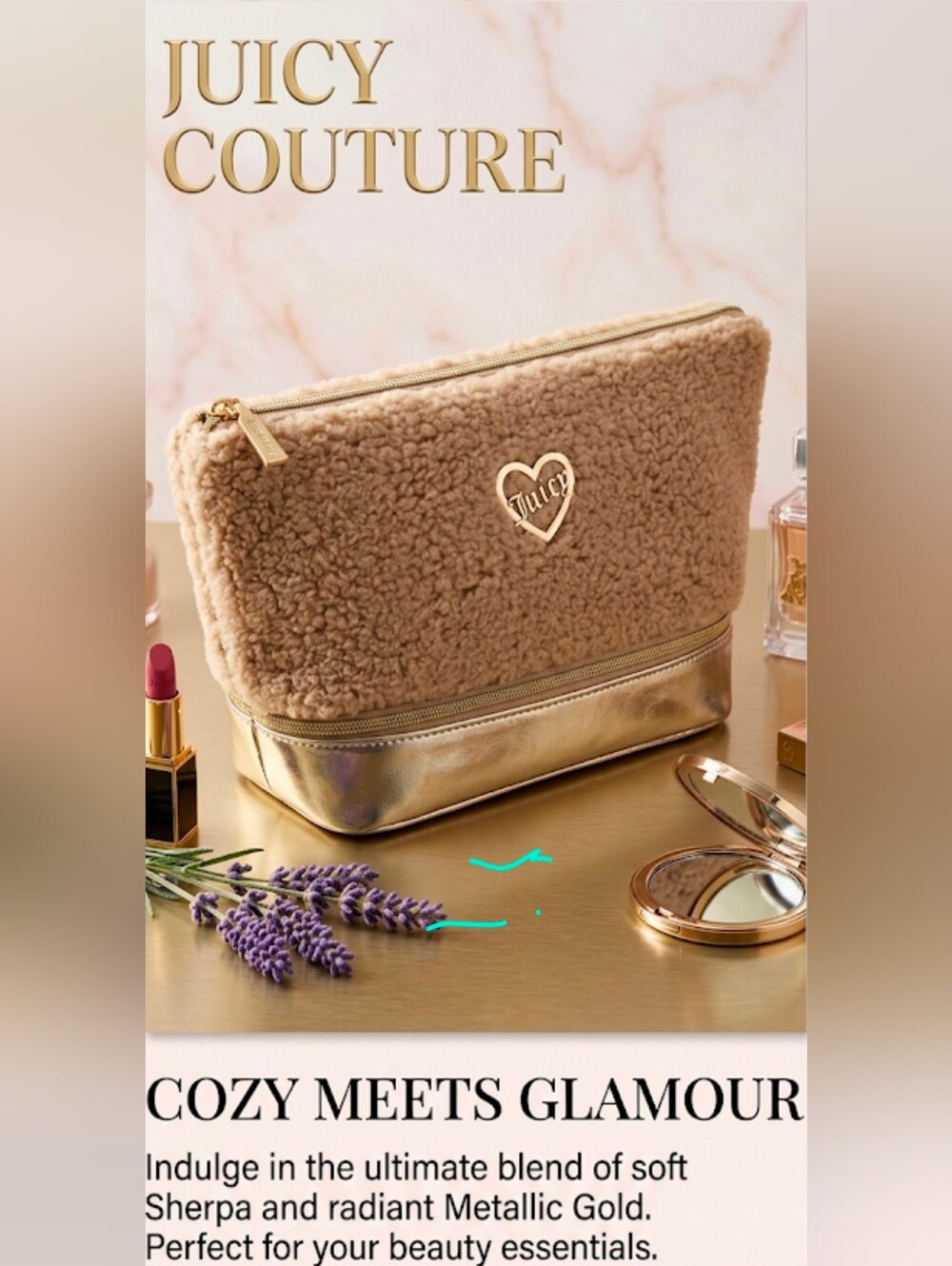 Juicy Couture Sherpa and Metallic Gold cosmetic bag NWT